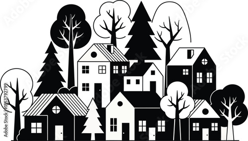A minimalist black and white illustration of houses and trees together