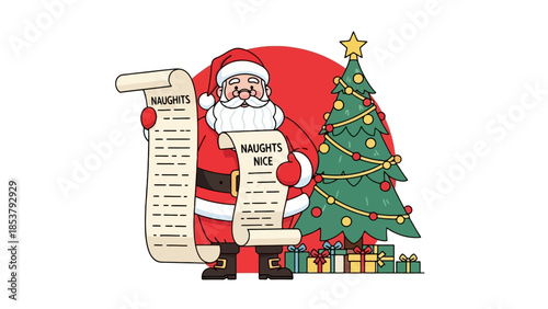 Santa Claus holding a naughty and nice list next to a decorated Christmas tree, gift boxes and a red circle