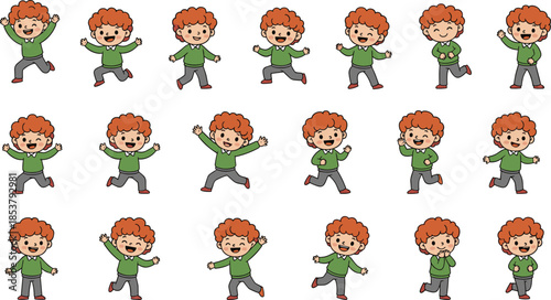Collection of cute cartoon boy characters with curly orange hair in various happy poses including jumping running and waving hands.