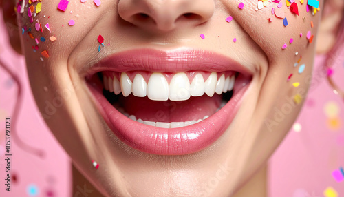 Radiant Smile: A close-up showcases a radiant smile with perfect, white teeth and luscious pink lips, creating an aura of pure joy. Confetti dances playfully, adding a touch of festive flair.