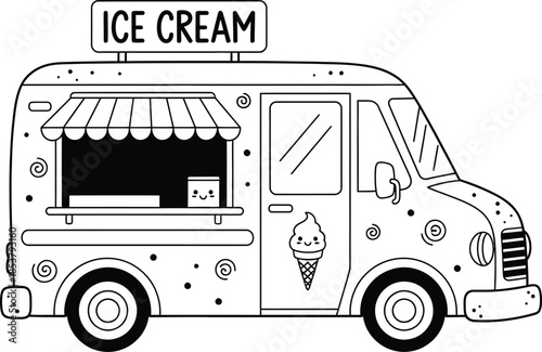 A simple black and white illustration of an ice cream truck