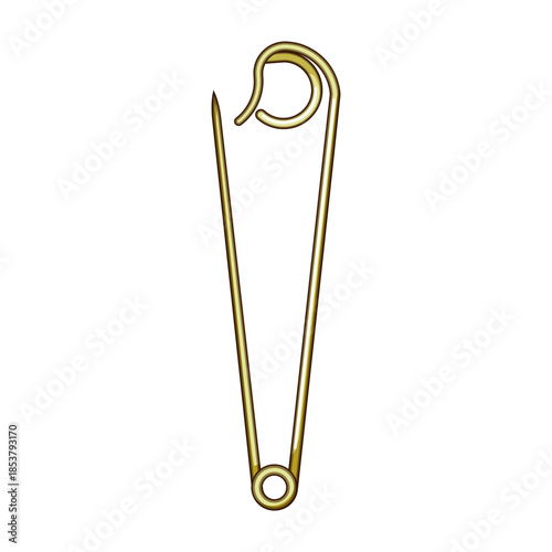 Golden metal safety pin is an everyday fastening device, featuring a sharp point and a protecting clasp, connecting fabrics and holding items securely