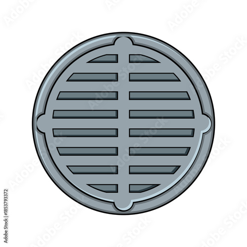 Round metal manhole cover for water and waste management, representing municipal infrastructure, utility access, and underground services on a clean white background