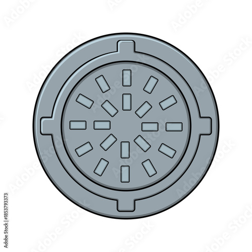 Circular metal manhole cover rendering city infrastructure, representing utility access, underground systems, urban works, and maintenance needs with a distinctive textured surface
