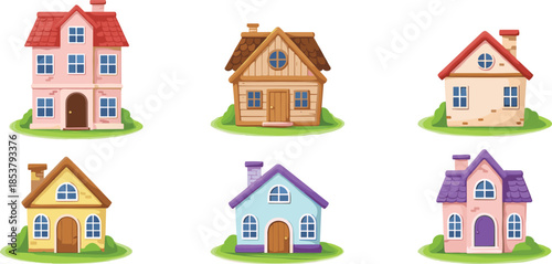 Collection of cute cartoon house illustrations, charming village cottages set, colorful suburban home icons, cozy residential buildings isolated on white background
