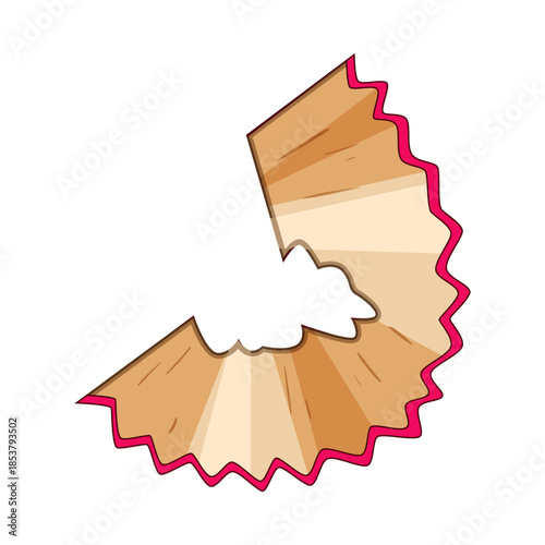Wooden pencil shaving curled into a spiral with a pink edge, symbolizing school, art and creativity on a clean white background for design and education use