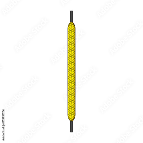 Yellow braided shoelace with black tips standing vertically on a clean white background, representing footwear accessories, fashion, and simplicity in design