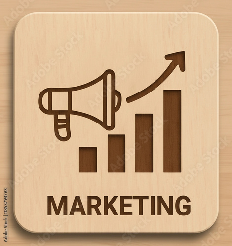 Marketing Growth Concept Icon Engraved on Wooden Tile with Megaphone and Rising Bar Chart - Business Promotion and Success Illustration