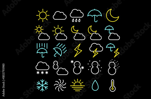 シンプル天気アイコンセット 青 黄 線　黒背景