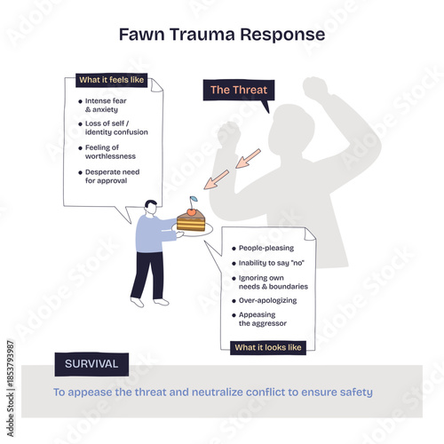 Fawn trauma response depicted as appeasement, a person offers cake to a looming threat, main objects are helper figure, aggressor silhouette, and caption boxes. Diagram