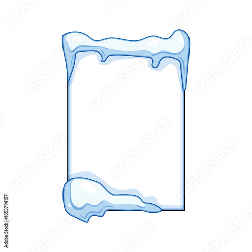 Rectangular blank frame creating a space for text or images, decorated with a layer of white snow and blue ice drips, expressing a seasonal winter concept or holiday theme