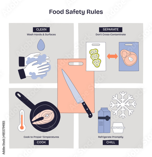 Food safety rules diagram showing clean, separate, cook, chill to prevent contamination, key items, cutting board, knife, thermometer. Doodle style diagram