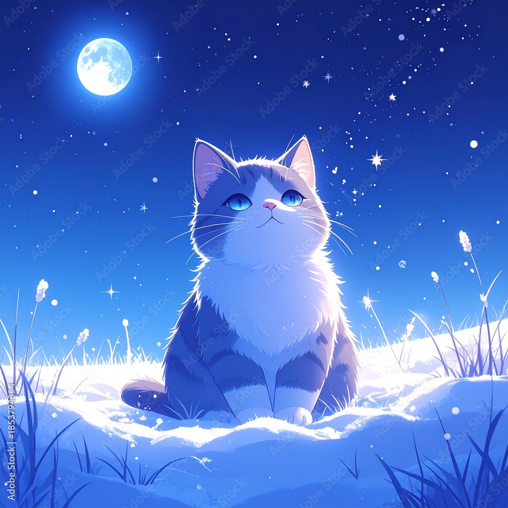 Fototapeta premium 月明かりに照らされた雪原。青い夜空の下、猫の瞳が星のように輝いている
