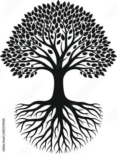 Intricate black tree illustration with detailed roots and foliage on white background