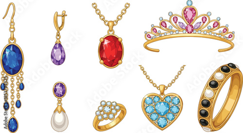 Collection of Elegant Gold Jewelry Featuring Gemstone Necklaces Diamond Rings Tiara and Pearl Earrings for Fashion Luxury and Bridal Accessory Design
