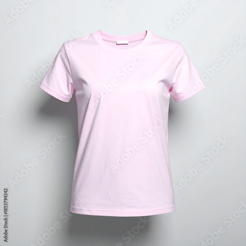 Plain, light pink short-sleeved t-shirt hangs against a neutral gray backdrop, highlighting its simple design