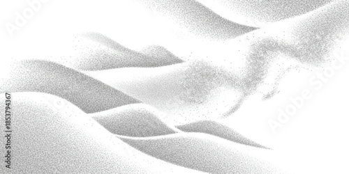 A minimalist landscape illustration in black and white stippling showing serene rolling hills