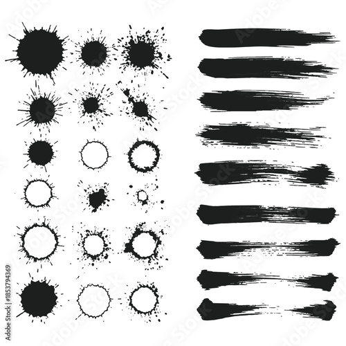 A set of various ink splatters, paint splashes, and textured brush strokes