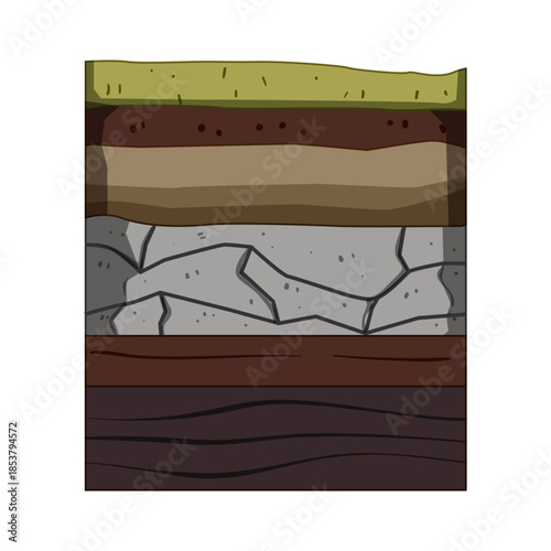 Underground cross section showing distinct soil and rock strata, from humus and topsoil to sand, clay and bedrock ideal for geology, construction, excavation and education