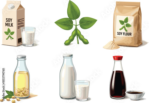 Collection of healthy soy products including soy milk carton flour bag pods oil bottles and soy sauce bowl isolated on white background