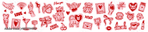 Love doodle sticker set, Valentine day cute hand drawn whimsical illustration, pink romantic print. February 14 holiday creative icon, heart, cherub, wedding ribbon bow. Bachelorette party love doodle