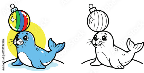 A cute cartoon seal balances a vibrant Christmas ornament on its nose Vector image of a humorous winter animal character with a black and white outline for a coloring book