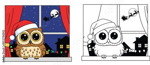 Adorable cartoon Christmas owl gazing out the window while sporting a Santa hat Santa sleigh silhouette vector art for a coloring book featuring a festive animal figure