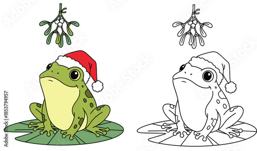 Sitting beneath mistletoe this adorable cartoon Christmas frog has a Santa hat Vector image of a humorous amphibian character with a black and white outline for a coloring book