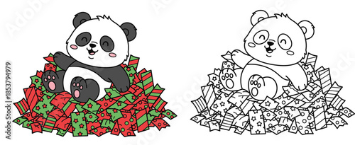 Sitting in a mound of ripped wrapping paper is a cute cartoon Christmas panda Funny vector drawing of an animal character with a black and white outline and color for a coloring book