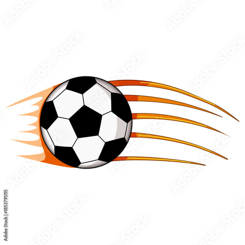 Soccer ball shooting through the air, creating dynamic fiery trails and illustrating concepts of speed, power, energy, competition, and fast paced sports action