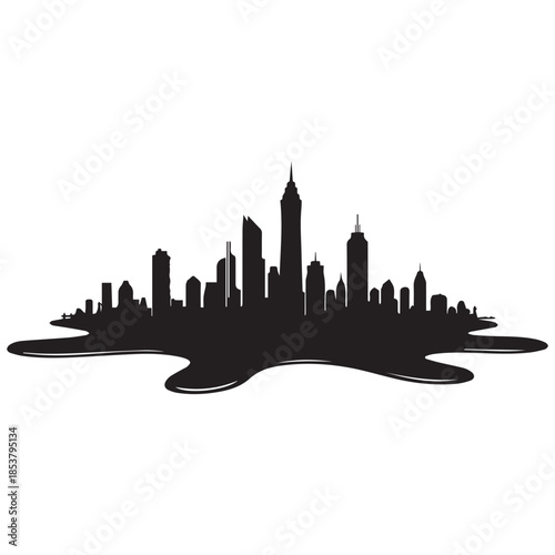 Modern city skyline silhouette with sleek skyscrapers and waterfront