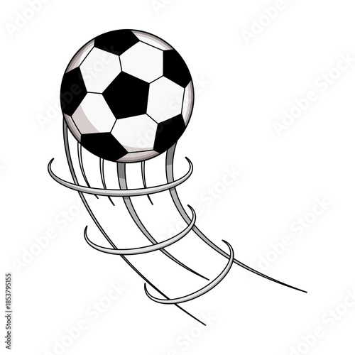 Soccer ball streaking across white background with bold motion lines and stylized trail, conveying speed, power and dynamic action for sports, competition and scoring