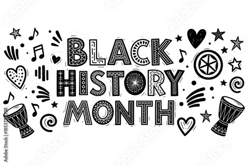 Black history month celebration design with music and art elements