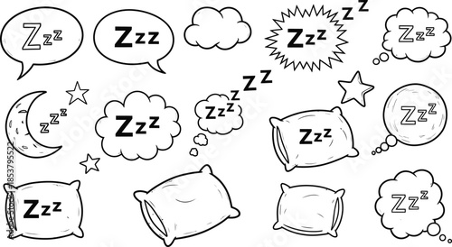 Sleep zzz icon, hand drawn zzz symbol for sleeping, doodle illustration, zzz Zzzz bed sleep snore sound bubble set, snore bubble with cartoon cloud, line emoji for dreamy and relaxed vector set