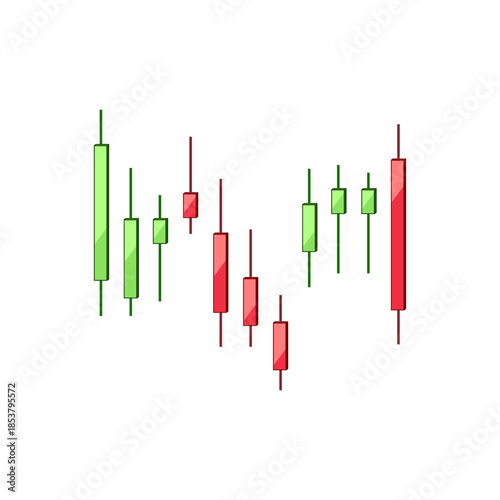 Candlestick chart showing financial market price movements and trends for stocks, forex and crypto, red and green candles indicate bullish and bearish patterns, gains and losses