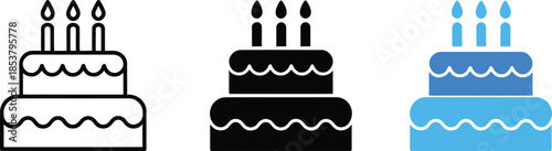Birthday Cake Icon Set – Stylized Celebratory Symbols in Outline, Solid, and Blue Variants