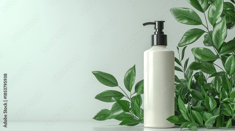 Fototapeta premium White pump bottle surrounded by green leaves