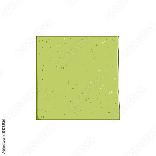 Green speckled paper square with a rough edge creating a retro background, depicting a grunge texture useful for graphic design accents and empty space