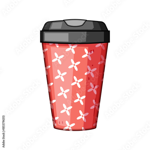 Red insulated travel mug with dark lid and repeating white cross pattern, portable eco friendly coffee cup for hot drinks on the go, ideal for commute, office, or travel