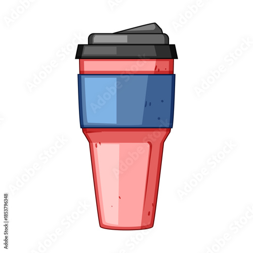 Reusable thermo mug featuring a red body and blue sleeve, representing sustainable choices for daily hot beverages and promoting an eco friendly lifestyle