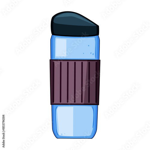 Reusable travel mug showing a blue container with a dark insulated sleeve and a black lid, representing sustainability and on the go convenience for beverages