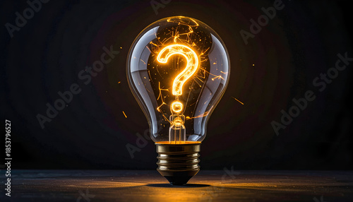 Conceptual light bulb with illuminated question mark, symbolizing inspiration, problem solving, and brainstorming ideas.