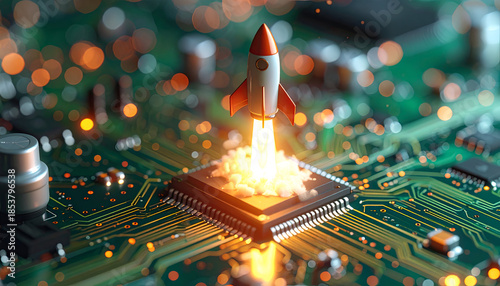 Rocket launch concept on electronic circuit board, symbol of startup success, speed, and modern technology.