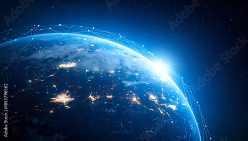 Blue digital planet with network lines, concept of global internet, innovation, and technology.