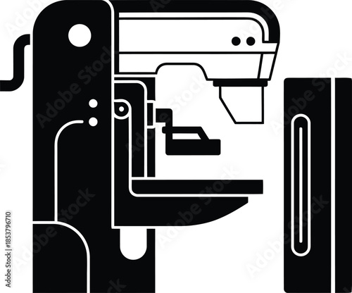 Simple black and white illustration of a modern coffee machine with a cup