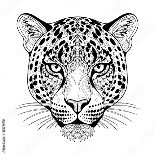 Black and White Illustration of Leopard Head.