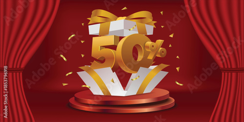 Gift box opened with the number fifty percent discount on the red podium

