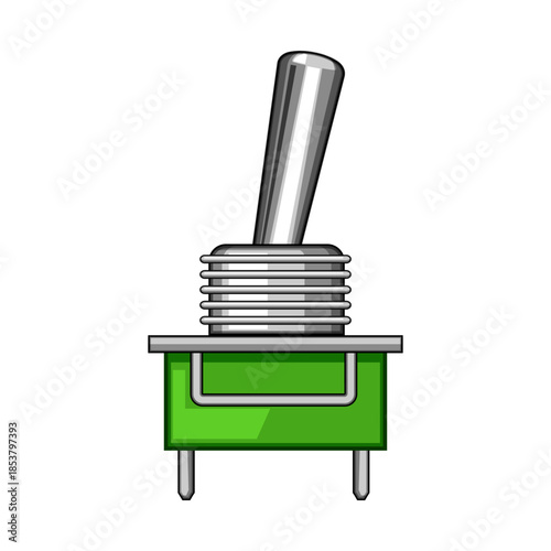 Retro style toggle switch featuring a metallic lever and green base, standing upright on a white background, representing activation, control, and electronic functionality