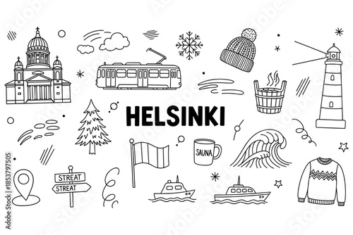 Helsinki icons: tram, cathedral, sauna, and lighthouse in black and white vector art