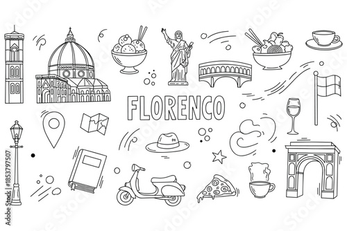 Florence icon set: famous landmarks and italian cuisine elements in line art